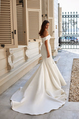 Elegante abito da sposa con sirena di raso a spalle in raso in abito da sposa principessa bianco moderno treno di allevamento di bordo vestido de novi sirened abito da sposa in raso