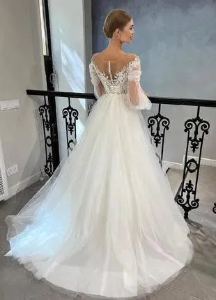 IOD Elegant Princess Wedding Dresses Long Puff Sleeves Lace Appliques Illusion Button Bridal Gown Vestidos De Novia Custom Made All Ivory