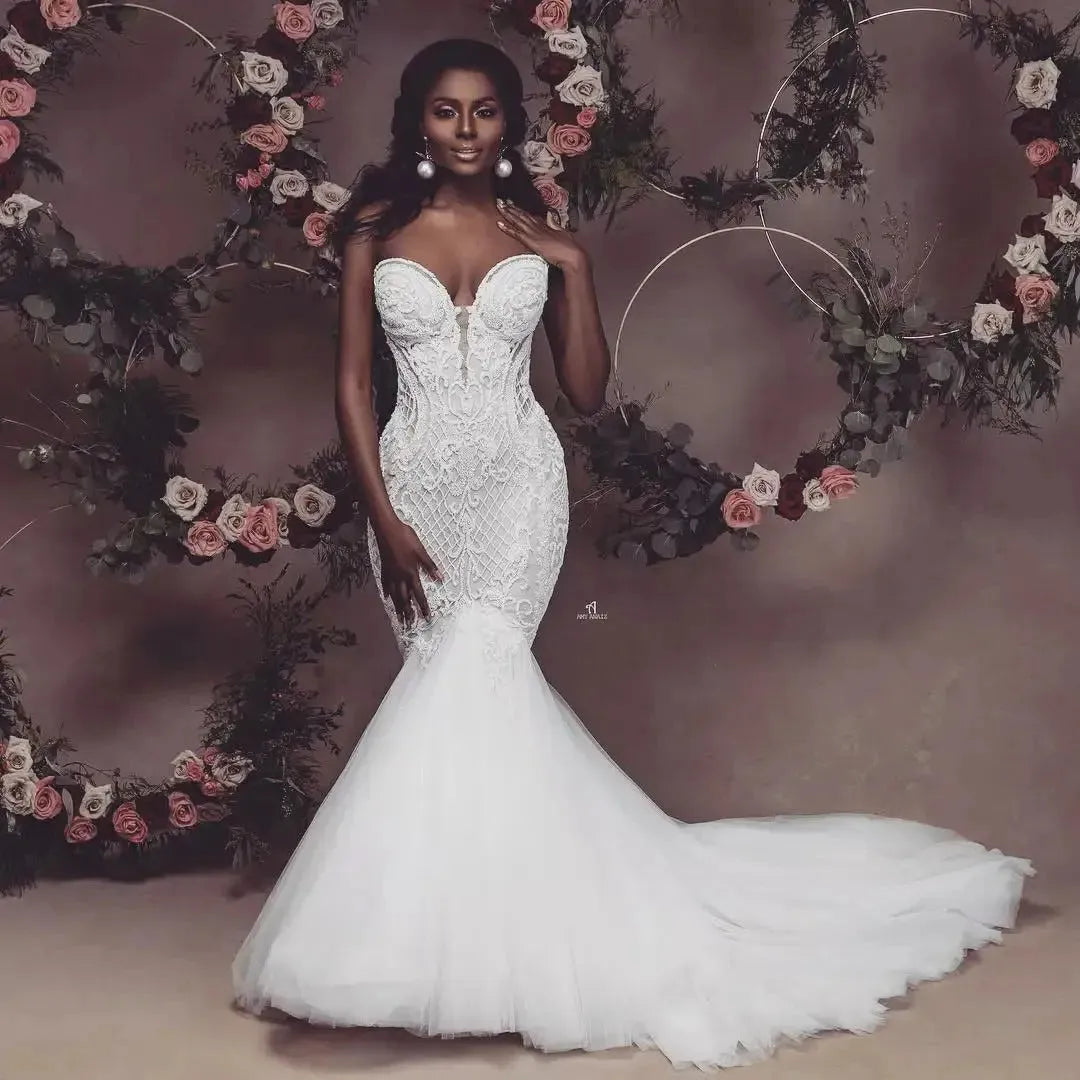 KapokDressy African Sweetheart Mermaid Wedding Dresses Newest Strapless Lace Beaded Wedding Gowns Applique Bridal Dresses Ivory