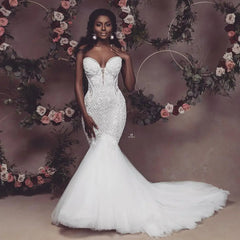 Kapokdressy African Sweetheart Mermaid Wedding Dresses Nyaste stropplösa spetspärlade bröllopsklänningar Applique Bridal Dresses