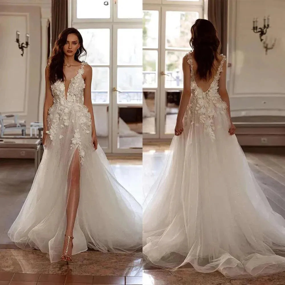 Sweetheart Lace Applique Wedding Dresses Romantic Off Shoulder Sleeveless High Split Fluffy Princess Style Mopping Bride Gowns