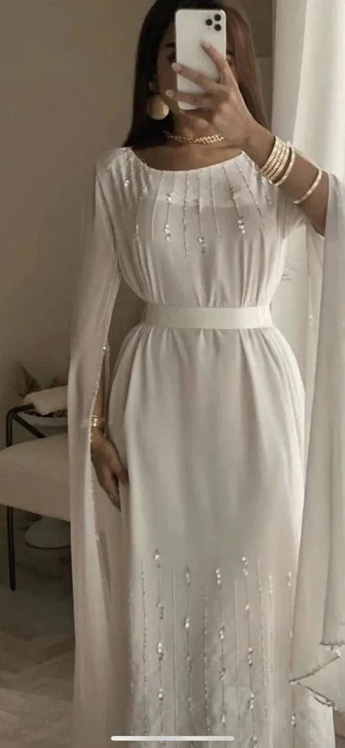 Ivory Dubai Kaftan Straight Evening Dresses Long Cape Sequin Scoop Sash Chiffon Prom Formal Dress Ankle Length Outfit