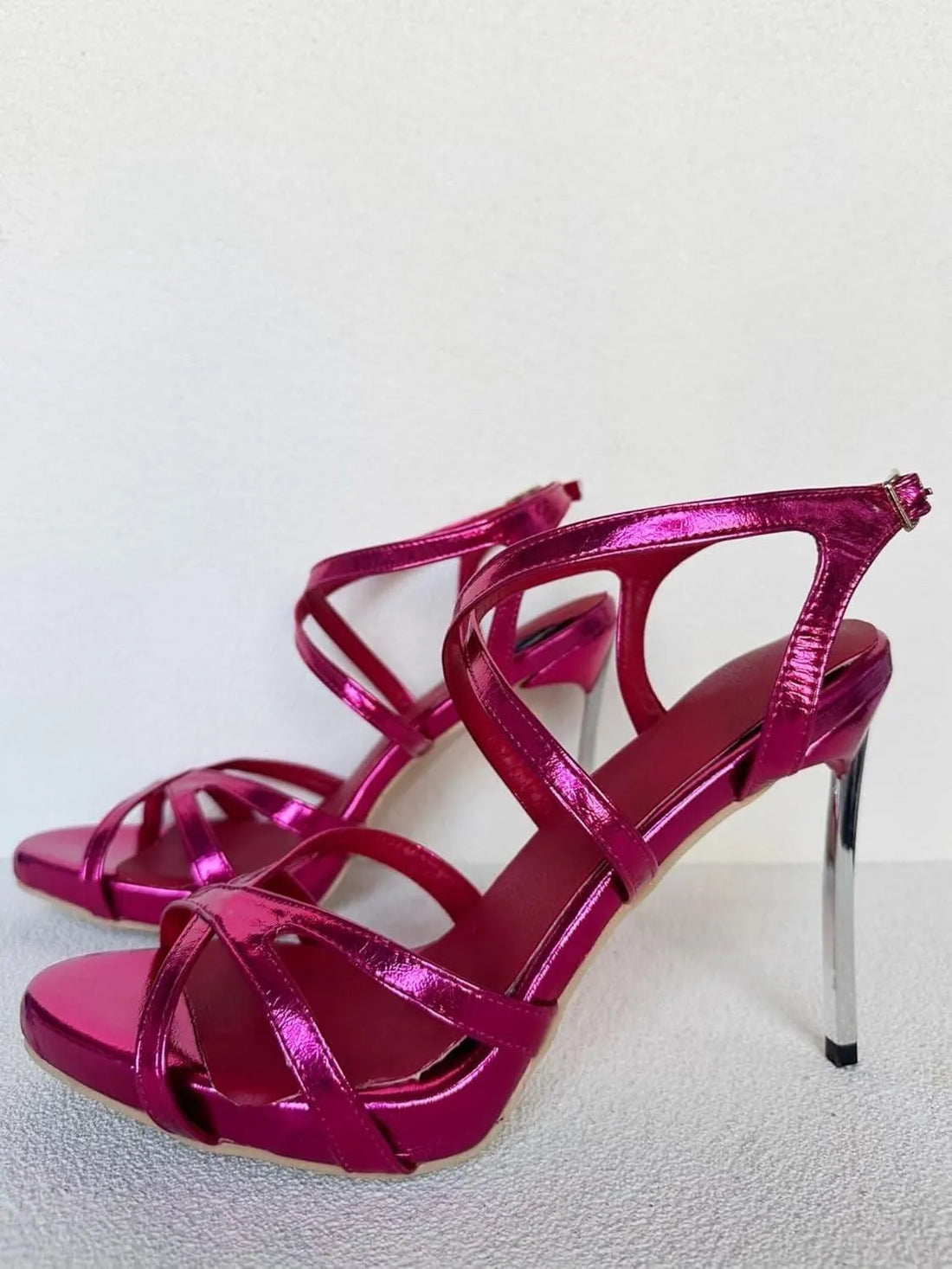 Red Metallic Metal Heels Sandals Women Slingback Cross Strap Luxury Shoes Female Summer Sexy Plus Size Banquet High Heels Shoes