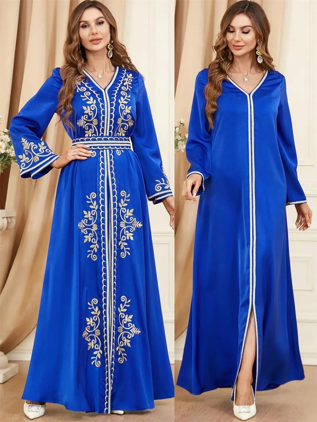 Fashion Ethnic Muslim Woman Abaya 2 Piece Set Moroccan Caftan Solid Embroidery Full Sleeve V-Neck Sashes Turkish Robe