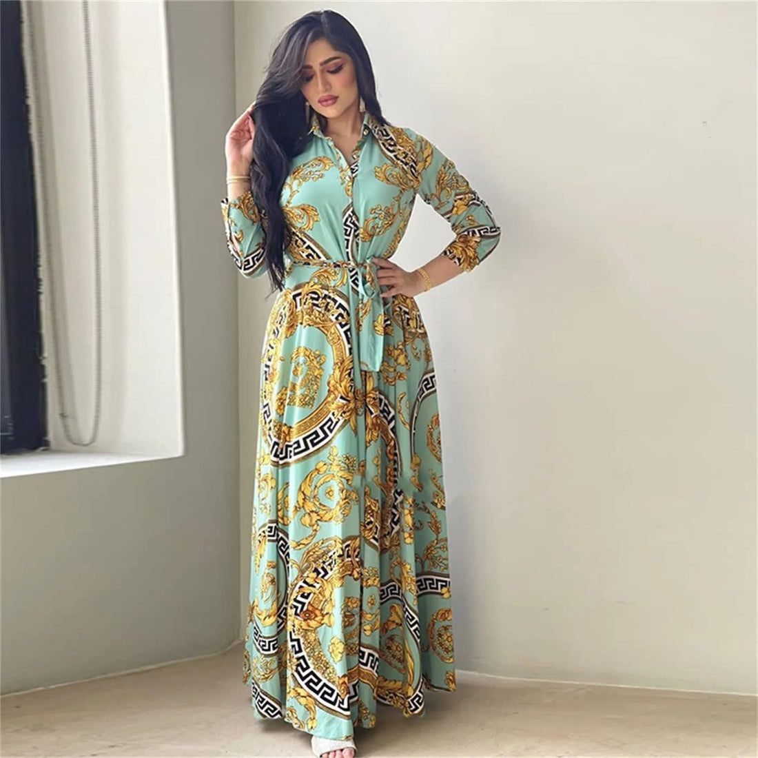 Ethnic Print Maxi Dresses for Women Single-breasted Lapel Shirt Dress Dubai Turkey Arabic Oman Middle East Clothing 2021 New