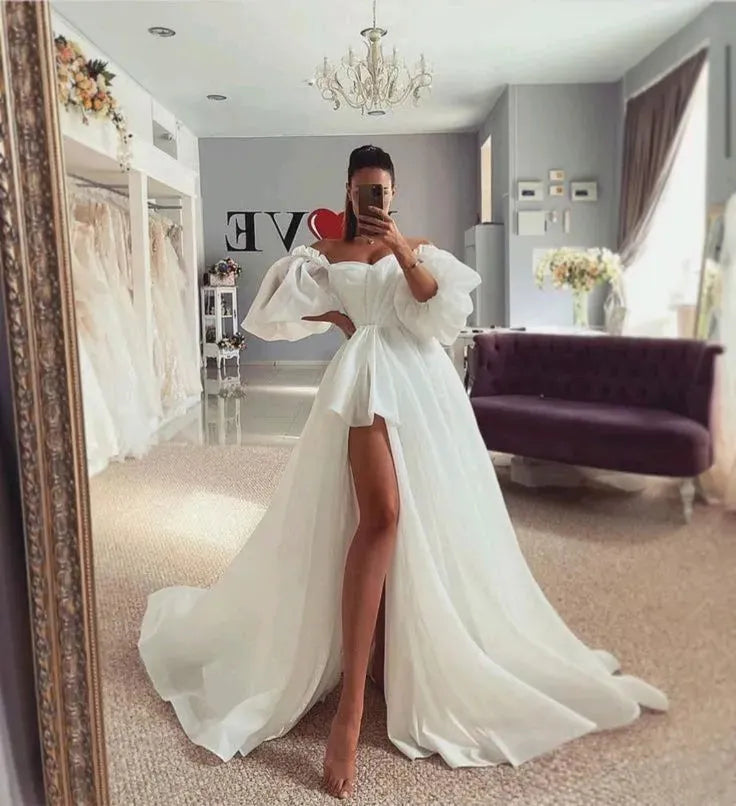 Elegant White Bow Wedding Dresses Puff Sleeve Side Split Boho Bride Dress Off Shoulder A-Line Wedding Gown Ivory