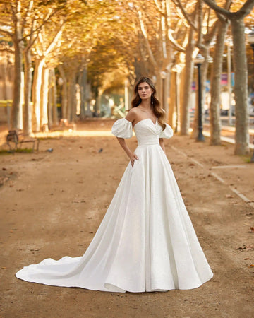 A-Line Wedding Dress with Puffed Sleeves Satin Modern Princess Vestido De Novia Bridal Gown Bow Satin Court Train Mermaid Satin