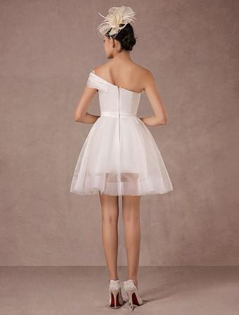 Une épaule au-dessus de la longueur de genou robe de mariée archet en satin Court Souillons de train blanc Bridal Princess Vestido de Novia Robe de mariée moderne Satin Sirène