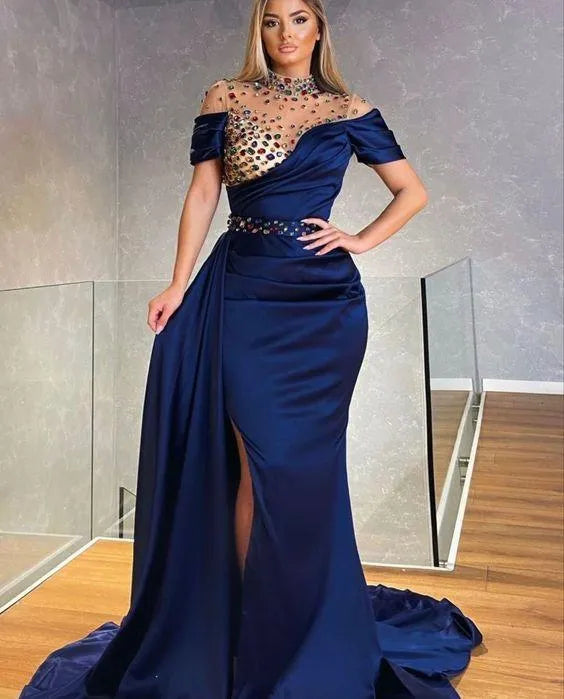 Royal Blue Mermaid Short Sleeve Evening Dresses Crystal Rhinestone High Neck Arabic Formal Prom Party Gown Vestidos De Gala royal blue