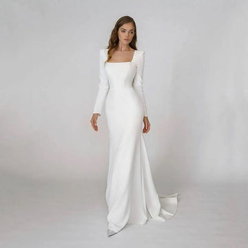 Elegant Satin Mermaid Wedding Dress Square Neck Long Sleeves Backless Party Bridal Dress Bride Dress Vestido De Noiva