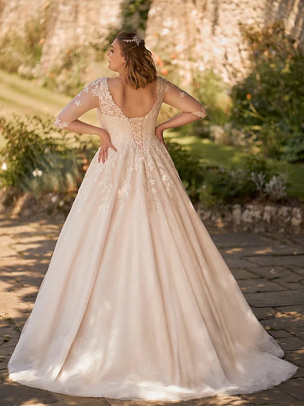 Boho Tüll Hochzeitskleid Prinzessin A-Linie V-Ausschnitt 3/4 Ärmel Braut Party Applikationen Illusion Rückenfrei Schnürung Brautkleid 