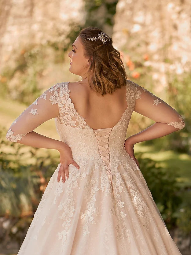 Boho Tüll Hochzeitskleid Prinzessin A-Linie V-Ausschnitt 3/4 Ärmel Braut Party Applikationen Illusion Rückenfrei Schnürung Brautkleid 