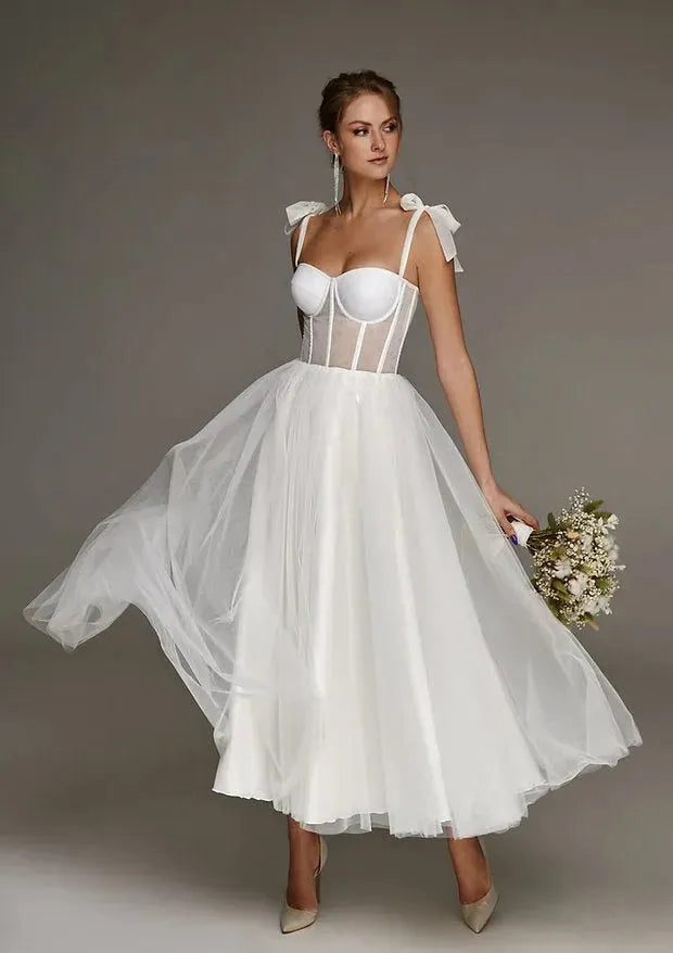 Short Wedding Dresses Modern Boning Spaghetti Strap A Line Tea Length White Bridal Gown vestido de noiva curto Ivory Short Wedding Dress