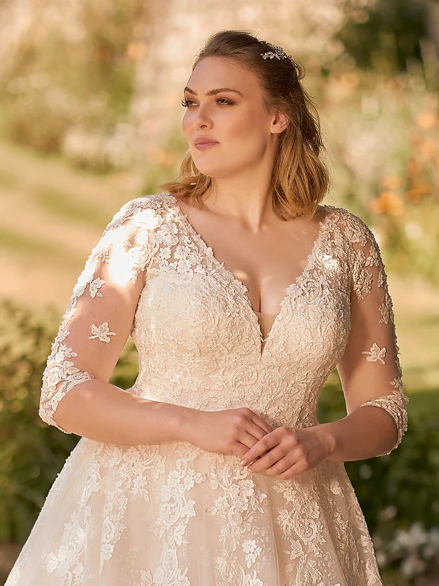 Boho Tüll Hochzeitskleid Prinzessin A-Linie V-Ausschnitt 3/4 Ärmel Braut Party Applikationen Illusion Rückenfrei Schnürung Brautkleid 