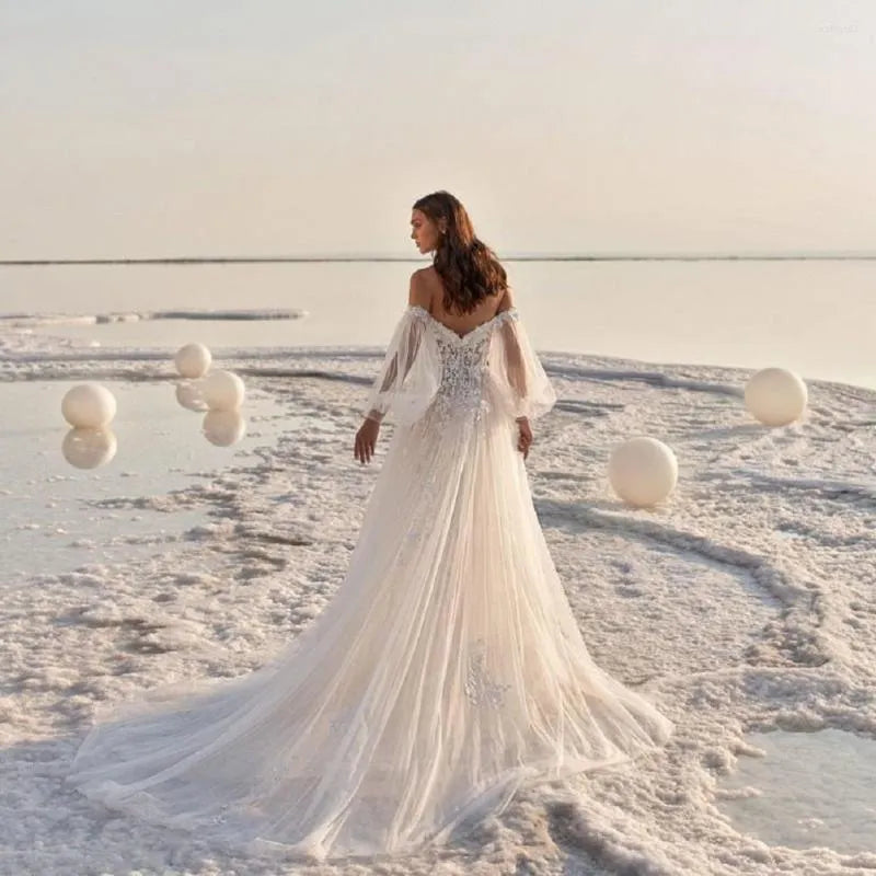 Vestidos de novia bohemios elegantes para mujer, con mangas abullonadas y apliques, sexys, con espalda abierta, para playa formal, fiesta formal en la playa 