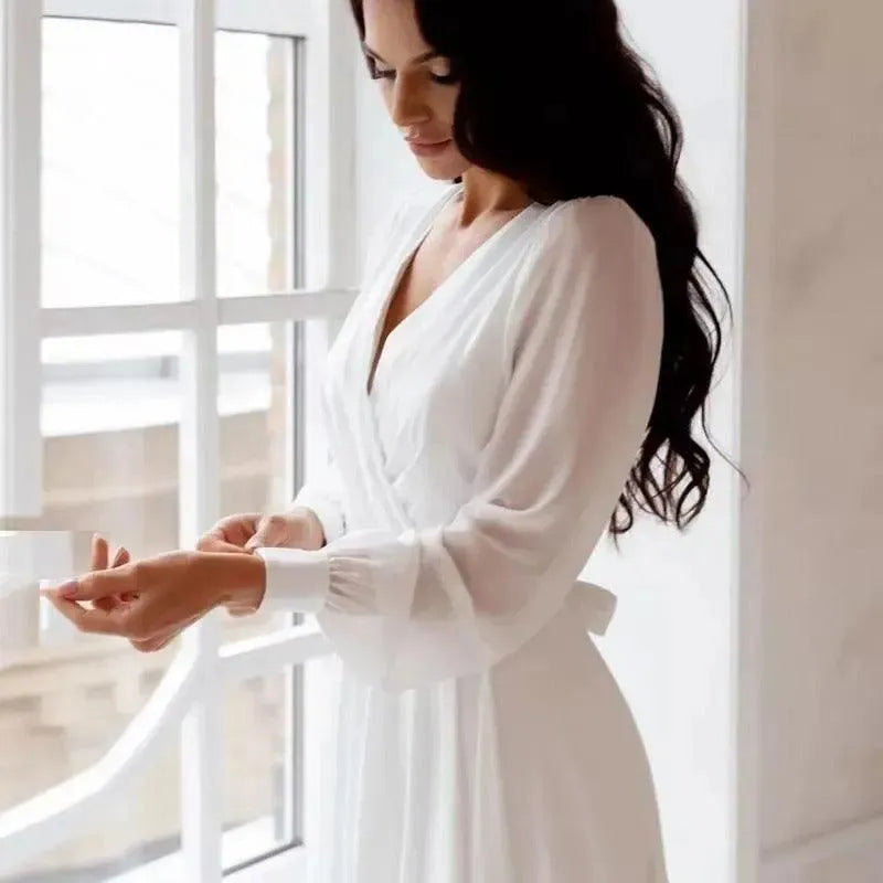 Luxury Store Chiffon Wedding Dresses White Dresses Womens A-Line vestidos boda playa Elopment Full Sleeves Vestido De Novia