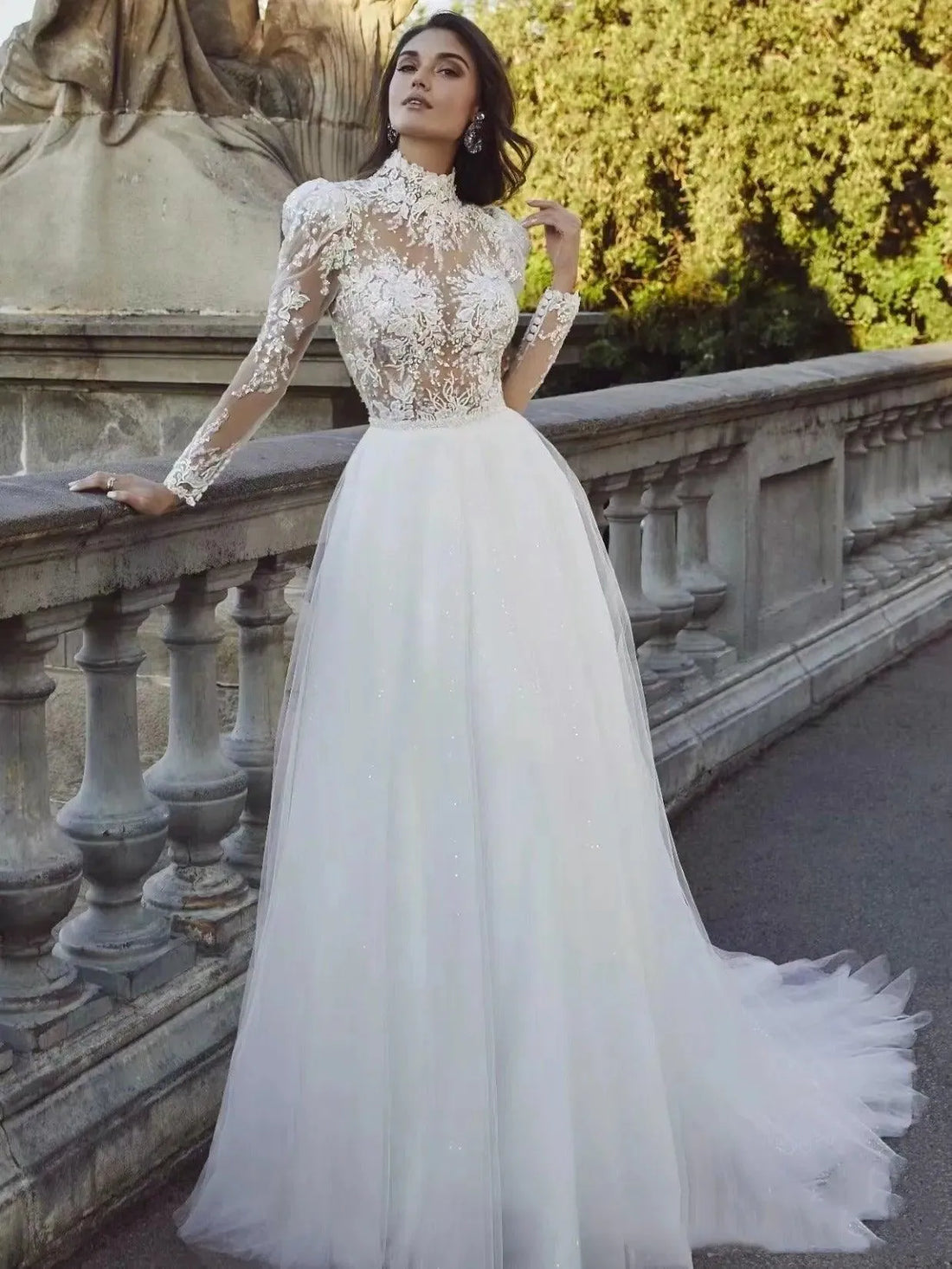 Exquisite Wedding Dresses With Detachable Train Satin Mermaid Lace Appliques Bridal Gown High Neck Long Sleeve Vestidos De Novia Mermaid