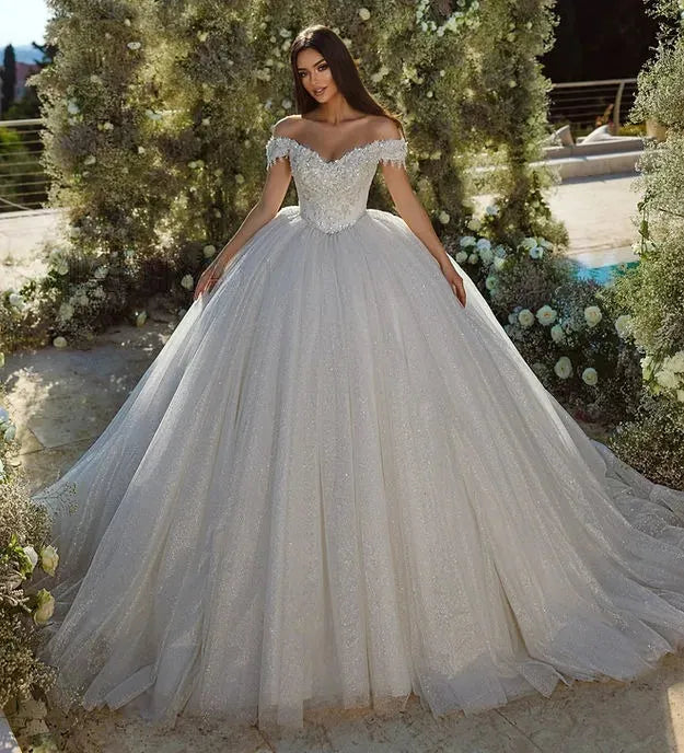 Glitter Lace Wedding Dresses Sparkly Off Shoulder A-Line Backless Appliques Bridal Gowns 3D Flowers Princess Bride Dress Custom Color or Size