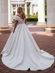 Gorgeous Ball Gown Wedding Dresses Off The Shoulder V Neck Simple Satin   Sweep Train Corset Bridal Dress