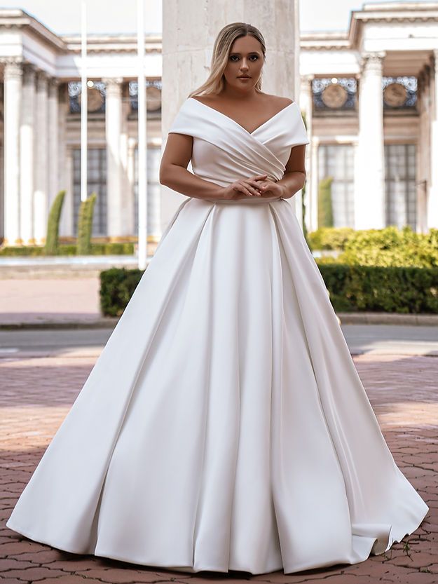 Gorgeous Ball Gown Wedding Dresses Off The Shoulder V Neck Simple Satin   Sweep Train Corset Bridal Dress