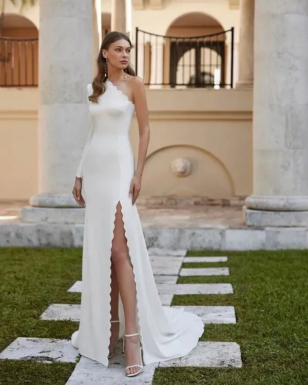 Asymmetric Neckline and Skirt with a Front Slit Wedding Dress Mermaid Satin Vestido De Novia Modern Bridal Gown Princess Court Train Bow Satin