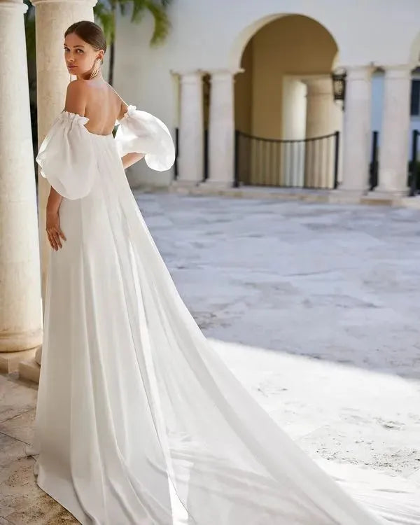 Detachable Sleeves and Detachable Georgette Train Wedding Dress Modern Mermaid Satin Bridal Gown Princess Court Train Bow Vestido De Novia Satin