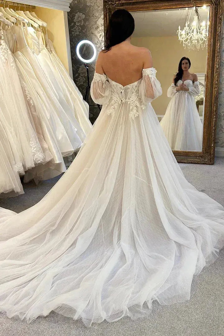 Boho Sweetheart Wedding Dresses A-Line Elegant Wedding Gown Lace Appliques Sleeveless Tulle Vestido De Noiva Floor Length Boho