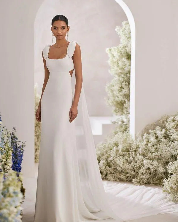 Modern Two-Piece Sheath-Style Wedding Dress Satin Court Train Bow Sleeveless Mermaid Vestido De Novia Bridal Gown Princess Satin