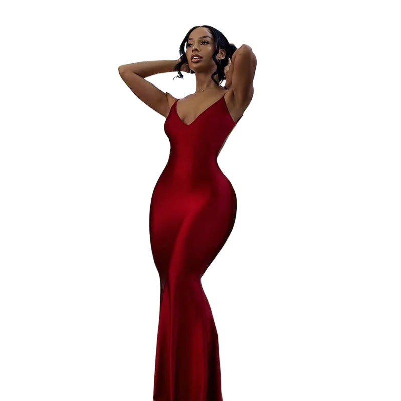 Red Spaghetti Strap Maxi Dress Women Sexy Sleevelss Backless V-Neck Slim Party Evening Clubwear