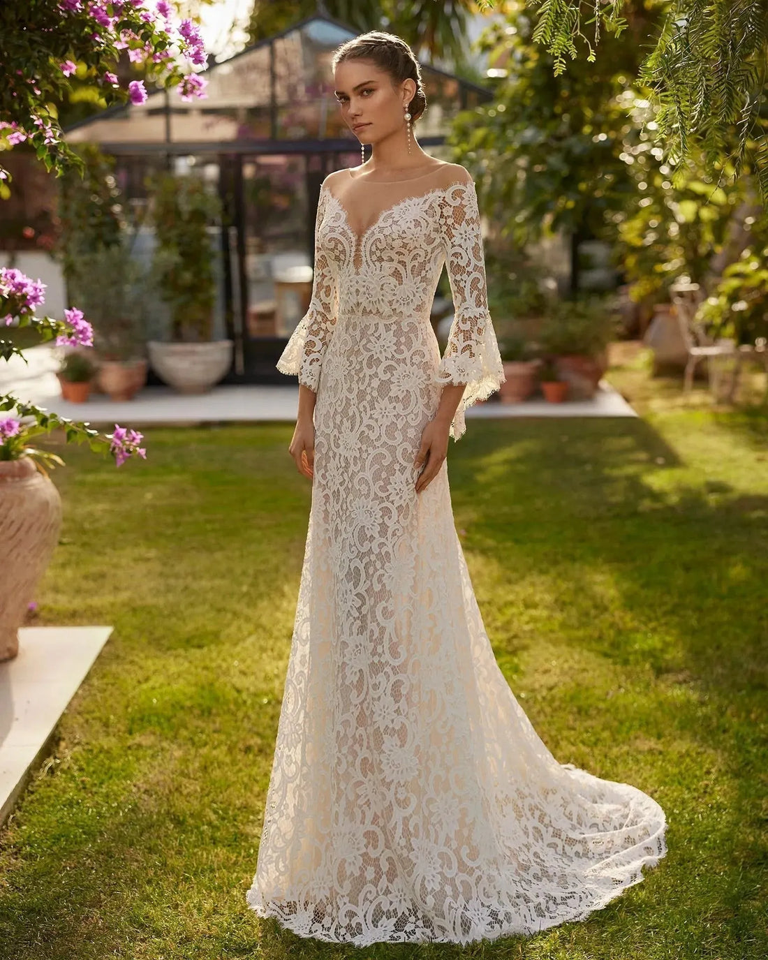 Long Ruffle Sleeve Wedding Dress with Lace Vestido De Novia Modern Mermaid Satin Princess Gown Bow Court Train Dress Satin