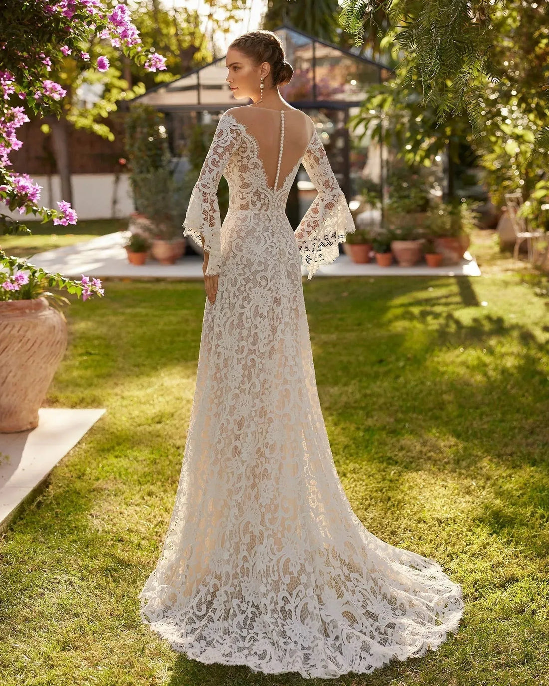 Long Ruffle Sleeve Wedding Dress with Lace Vestido De Novia Modern Mermaid Satin Princess Gown Bow Court Train Dress Satin