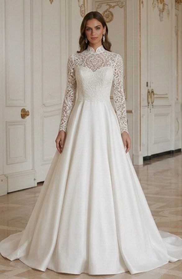 A-Line Wedding Dress For Church Wedding Modest High Neck