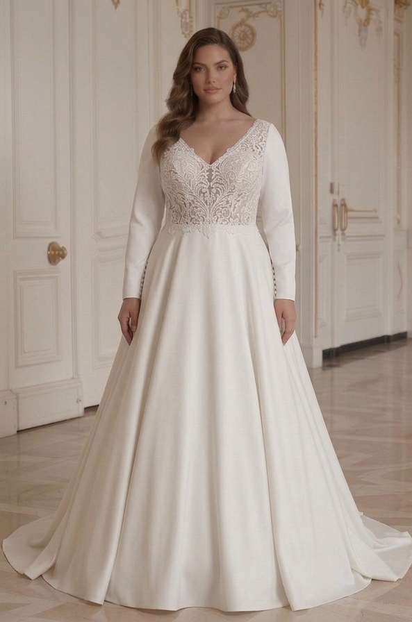 A-lijn trouwjurk voor plus-size bruiden met kanten lijfje detail