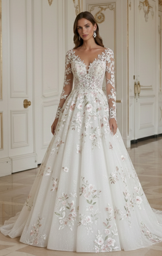 A-Linien Hochzeitskleid für Frühlingshochzeit mit Blumenmuster
