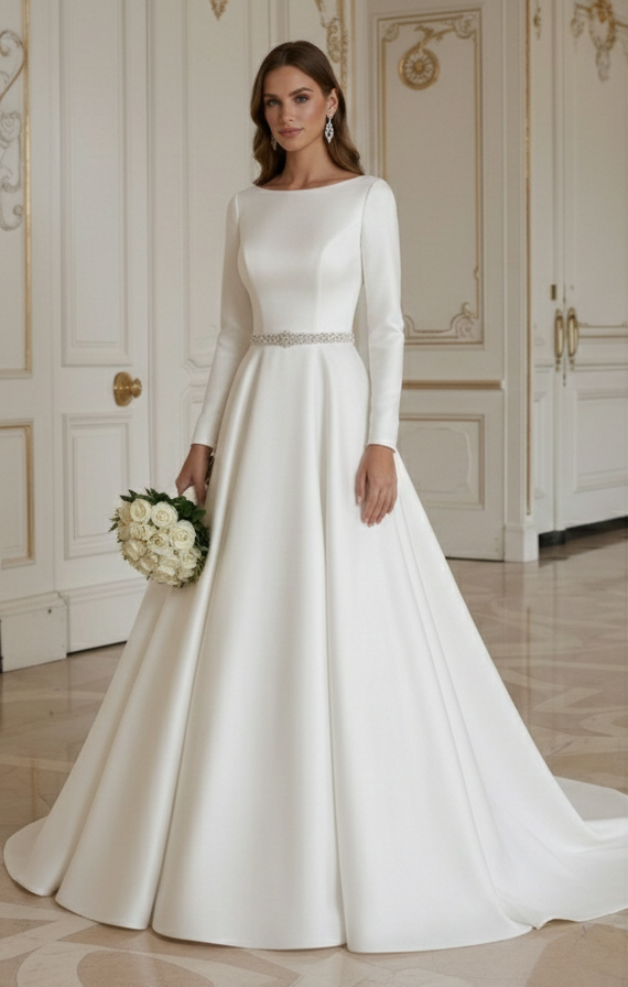 A-Linien Hochzeitskleid für Winterbraut mit langen Ärmeln aus Satin