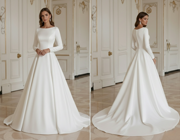 Robe de mariée ligne A pour mariage d’hiver, manches longues en satin