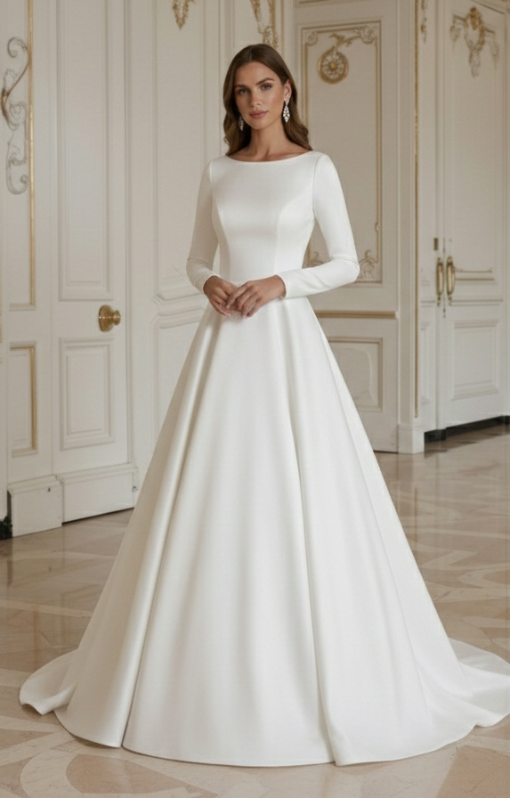 A-Line Wedding Dress For Winter Wedding Long Sleeve Satin
