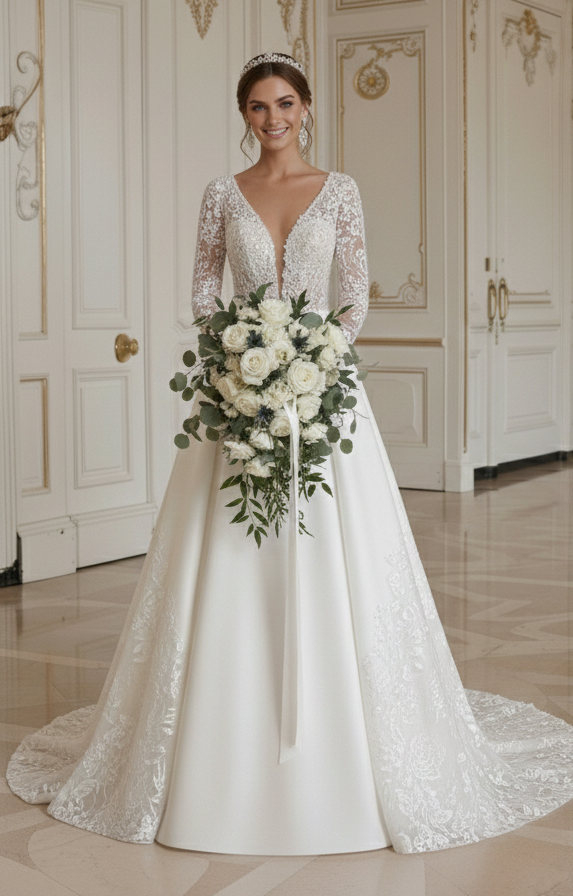 A-Line Wedding Dress Handmade Lace Bridal Gown