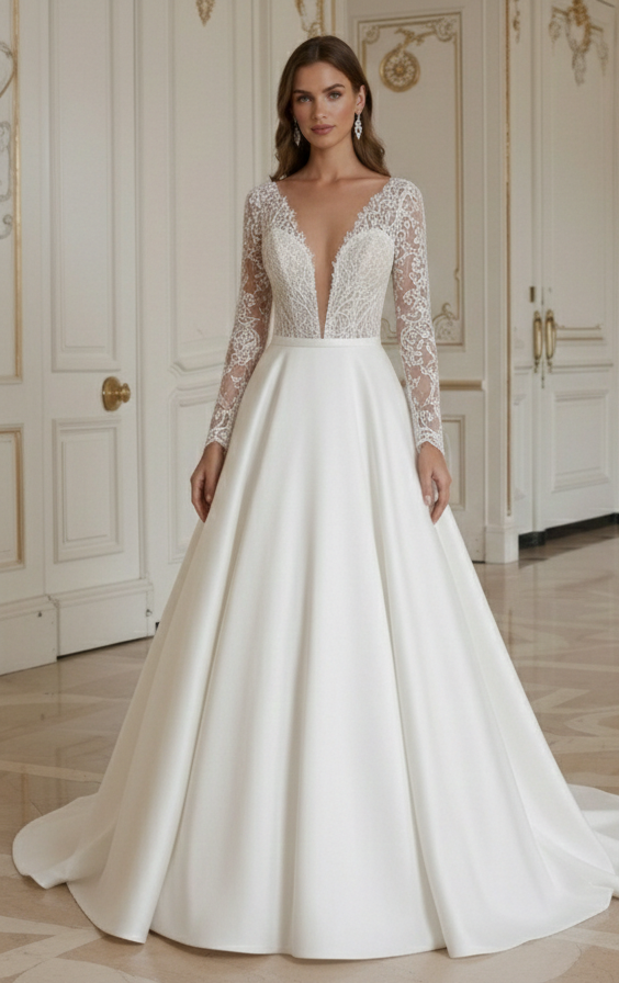 A-Line Wedding Dress With Deep Plunge Neck Modern