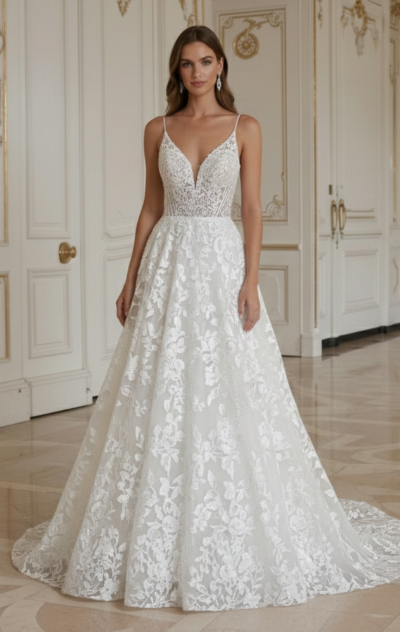 Rochie de mireasă A-line cu detalii florale brodate