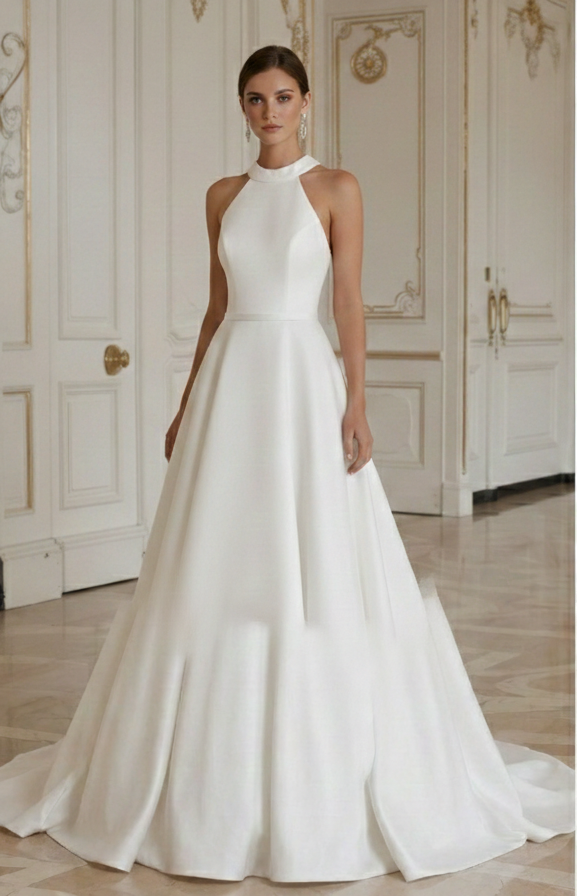 Rochie de mireasă A-line cu guler halter elegantă