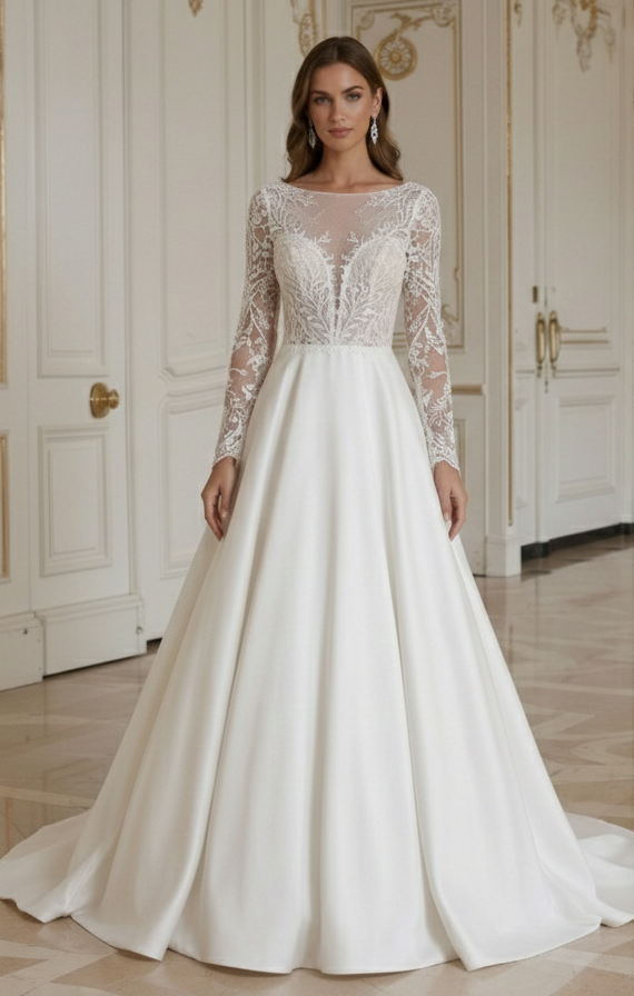 Rochie de mireasă A-line cu mâneci din dantelă stil romantic