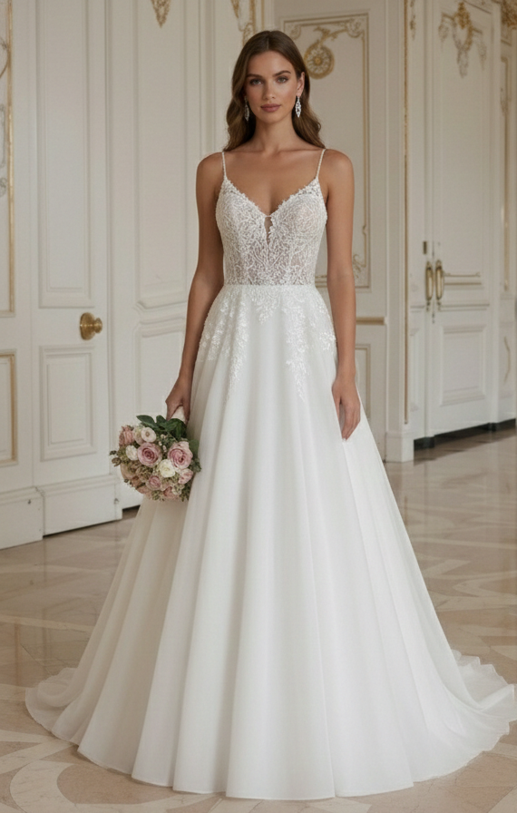 Rochie de mireasă A-line cu fustă din organza moale și romantică