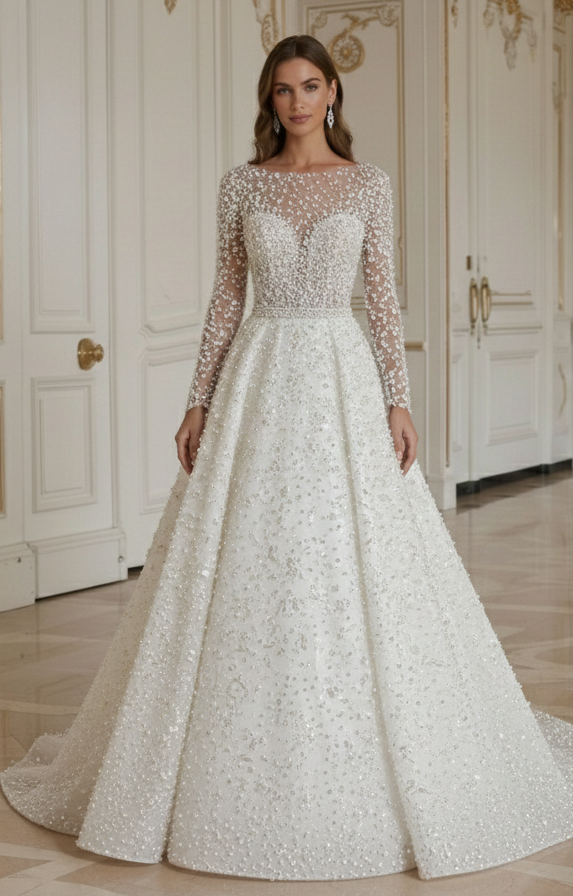 A-Line Wedding Dress With Pearl Embellishment Luxury Bridal