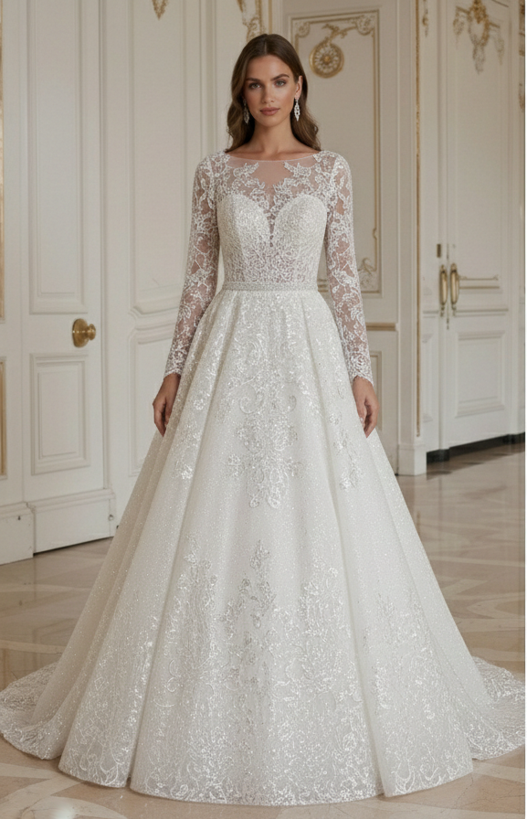 A-Line Wedding Dress With Sequin Lace Glam Look
