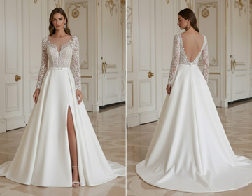 Gaun Pengantin A-Line dengan Belahan Modern Elegan
