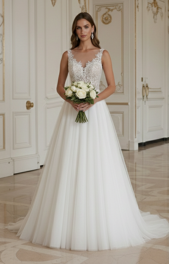 A-Linien Hochzeitskleid mit weichen Tülllagen
