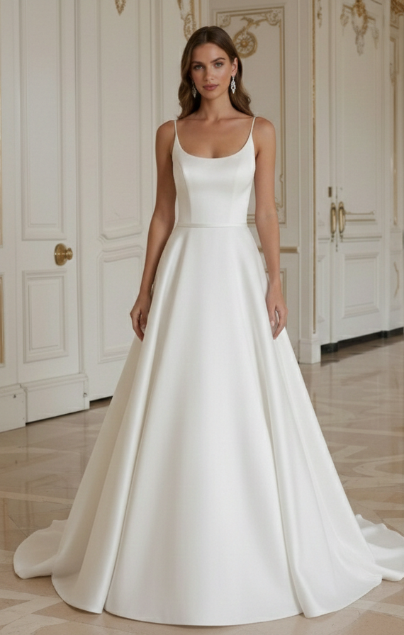 Rochie de mireasă A-line din satin elastic confortabilă