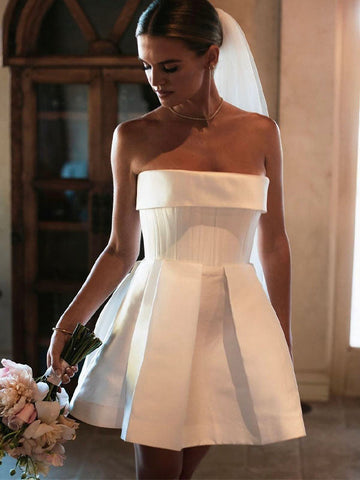 Elegant Strapless White Wedding Dress For Women Backless A Line Simple Short Above Knee Mini Bridal Gown Robe De Mariee