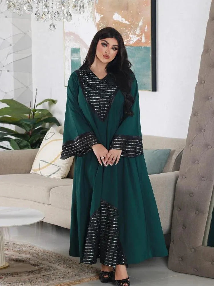 Fashion Sequins Black Mesh Patchwork Dubai Abaya Elegant Casual Full Sleeve V-Neck Long Dress Women Muslim Green Dress
